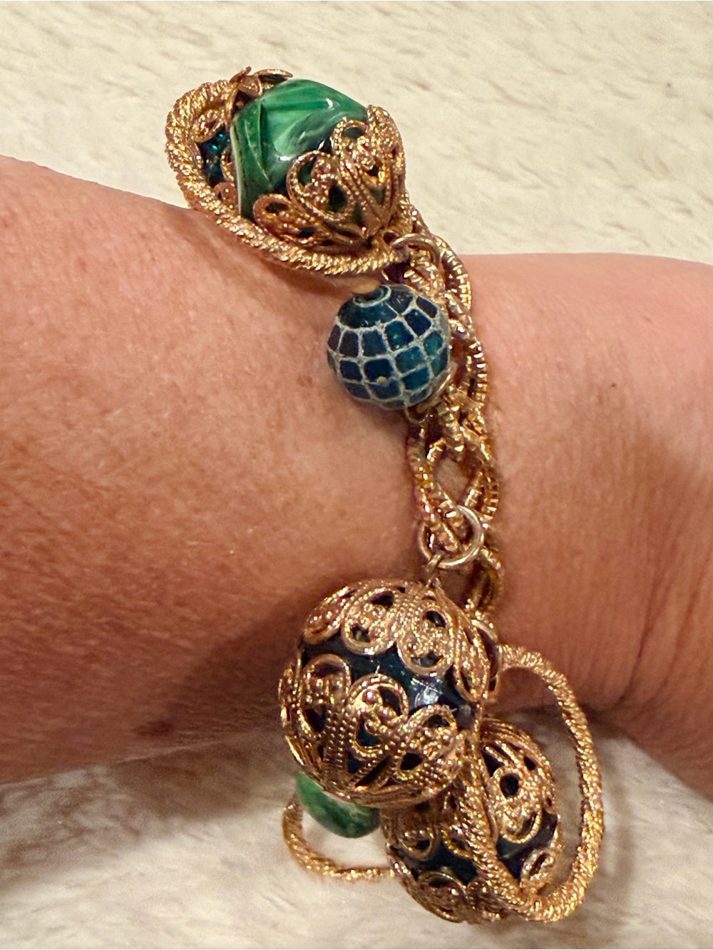 Vintage Gold Filigree Charm Bracelet with Blue and Green Beads